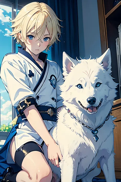 young blonde boy snuggle white husky dog, in the style of pixiv anime art, light azure and blue tone, in the style of kawacy, clamp, strong sense of light