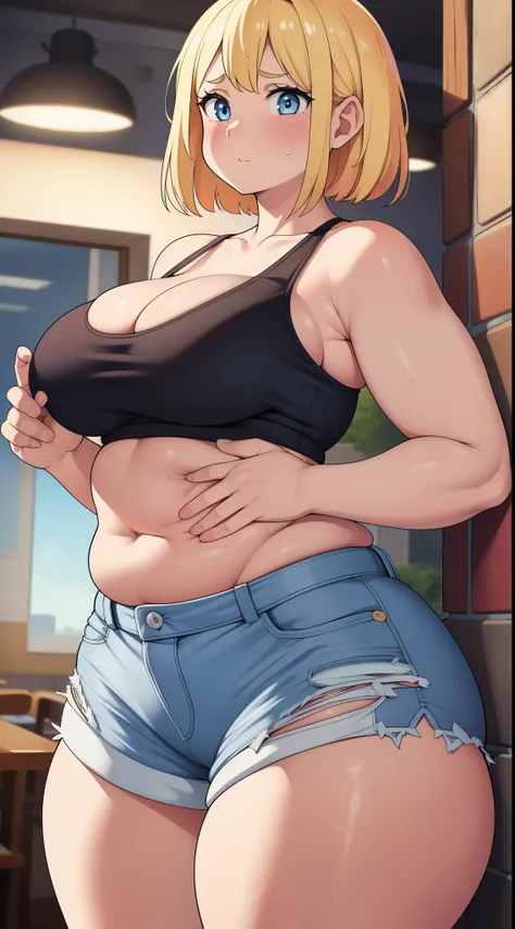 ((highres)), Masterpiece, high quality, best quality, beautiful, perfect lighting, detailed face, ultra cute face, ((1girl)), ((solo)), blonde hair, blue eyes, nervous, ((blush)), white tank top, shorts skindentation, tight clothes, fast food restaurant, m...