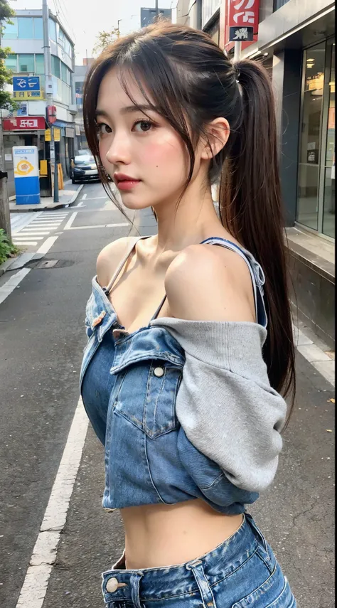 A cute woman similar to An Nakamura、Super clean and slender、Excellent style  、An ultra-high picture quality、extremely delicate face, Skin and hair、poneyTail、dark brown hair、Naked Jeans、Hide your chest with your arms、In the street、NOWAI、Bustling street、8k p...