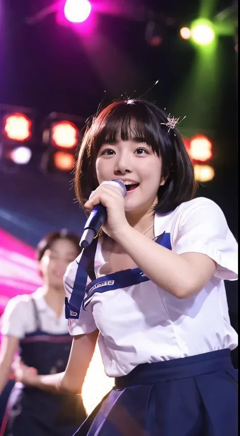 Japan Girl、12year old、小柄、、Short hair、bobhair、Very cute、slightly chubby figure、the chest is very large、Pichi Pichi Costume、The shape of the chest comes out、No microphone、Idol singer、delighted expression、sing at stage、Live performance venue、In front of a lar...