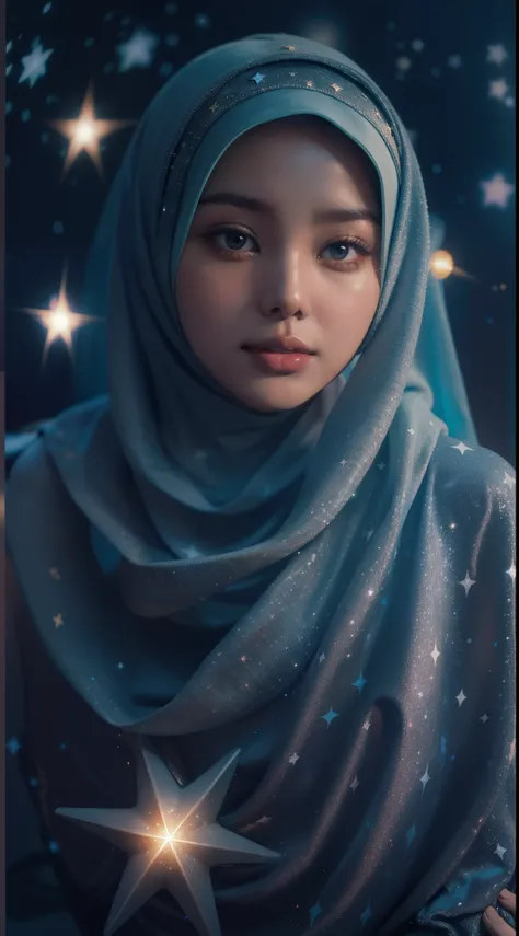 craft a celestial-themed portrait of a malay girl in hijab. illuminate the hijab with stars and galaxies, blending the earthly w...