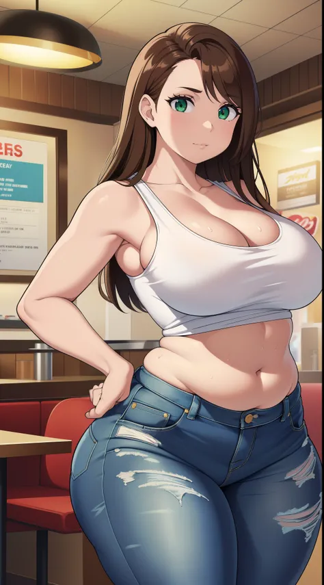 ((highres)), Masterpiece, high quality, best quality, beautiful, perfect lighting, detailed face, ultra cute face, ((1girl)), ((solo)), brown hair, green eyes, jeans, white tank top, tight clothes, fast food restaurant, medium breasts, perky breasts, cleav...