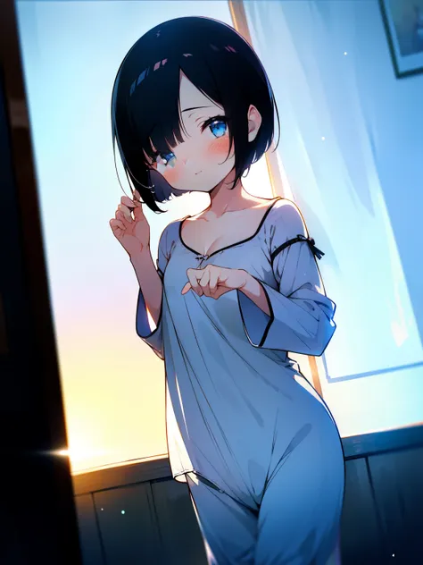 1 girl, no smile, sparkling navy blue eyes, (black hair) ((black shoulder-short hair)), ((long black bangs cover one eye)), smal...