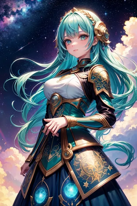 Girl with iridescent hair and detailed teal dress armor, Standing, rainbow colored cosmic nebula background, Stars, intergalactic, Intricate details, Perfect face,