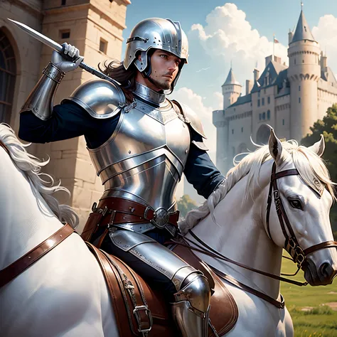 Male cavalry，Silver armor，silver helmets，Riding a silver horse，holding a shield，holding a long spear，background castle，background meadow