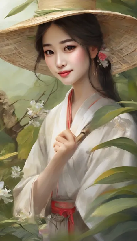 【illustratio】Girl picking tea（The character composition is small）。Beautiful and cute tea picking girl（traditional student clothing），Go to tea mountains to pick tea；Carrying a small bamboo basket，Wearing a straw hat。Tea picking girl；Tea plantation in the ba...