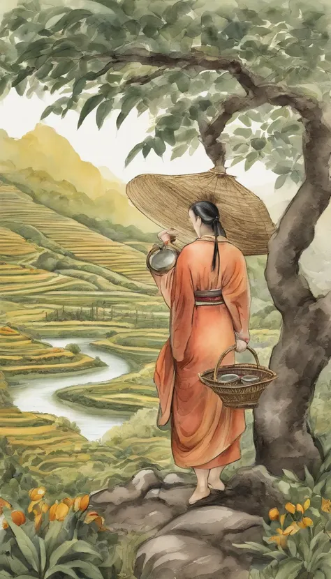 【illustratio】Girl picking tea（The character composition is small）。Beautiful and cute tea picking girl（traditional student clothing），Go to tea mountains to pick tea；Carrying a small bamboo basket，Wearing a straw hat。Tea picking girl；Tea plantation in the ba...