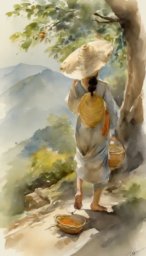 【illustratio】Girl picking tea（The character composition is small）。Beautiful and cute tea picking girl（traditional student clothing），Go to tea mountains to pick tea；Carrying a small bamboo basket，Wearing a straw hat。Tea picking girl；Tea plantation in the ba...