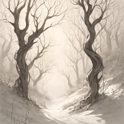 (best quality,4k,8k,highres,masterpiece:1.2),(ultra - detailed)，(realisticlying：1.37).illustratio，(pencil drawing)，at winter season，black andwhite,ln the forest，(line art)，organic lines，crooked branches，hidden path，dense foliage，Twisted vines，Intertwined t...