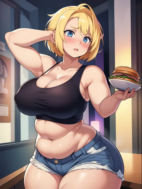 ((highres)), Masterpiece, high quality, best quality, beautiful, perfect lighting, detailed face, ultra cute face, ((1girl)), ((solo)), blonde hair, blue eyes, nervous, ((blush)), white tank top, shorts skindentation, tight clothes, fast food restaurant, m...