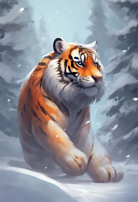 Cute tiger，adolable，fatness，Chubby tiger，in snow，play snowball