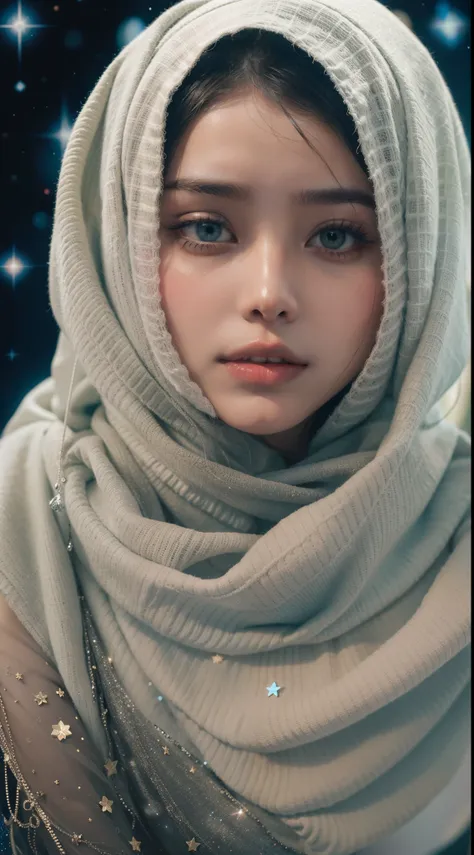 craft a celestial-themed portrait of bella poarch. illuminate the hijab with stars and galaxies, blending the earthly with the c...