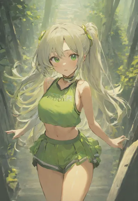 masterpiece, best quality, long hair, silver hair, outdoors, crop top, underboob, sweat, suspenders, miniskirt, green eyes,