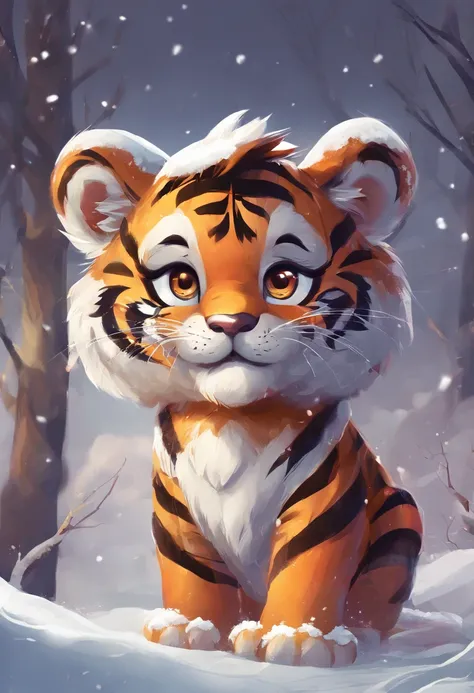 Cute tiger，adolable，fatness，Chubby tiger，in snow，play snowball，Eyes are cute and lively，Crawl in the snow，Chubby tiger，Dumb cute，Gape