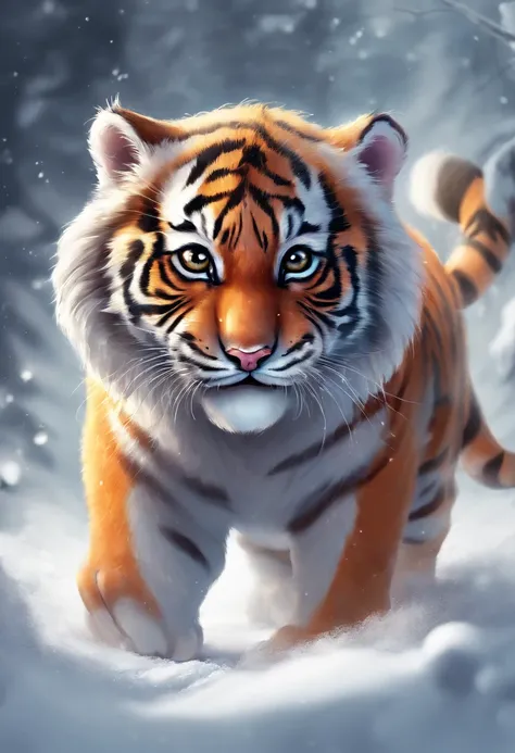 Cute tiger，adolable，fatness，Chubby tiger，in snow，play snowball，Eyes are cute and lively，Crawl in the snow，Chubby tiger，Dumb cute，Gape