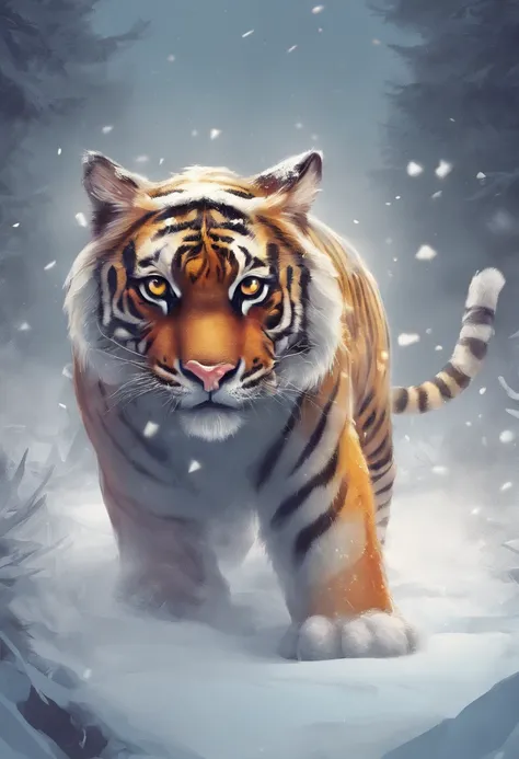 Cute tiger，adolable，fatness，Chubby tiger，in snow，play snowball，Eyes are cute and lively，Crawl in the snow，Chubby tiger，Dumb cute，Gape