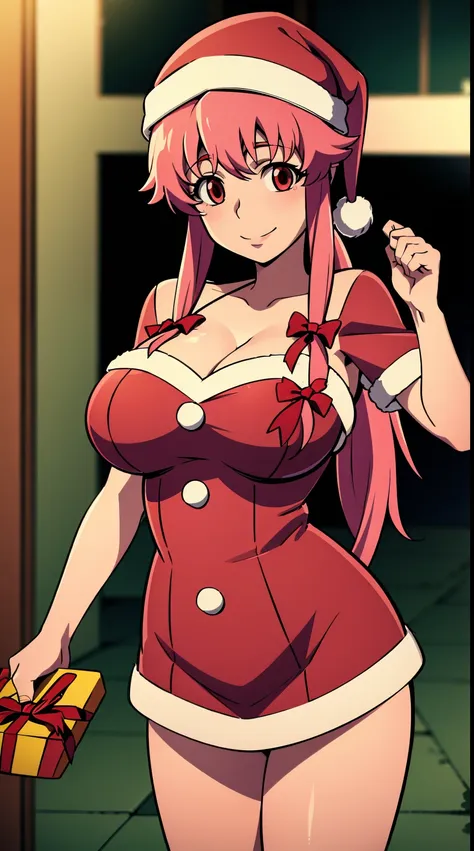 yuno gasai in a santa claus costume. realistisch, (large breasts:1.5), red eyes, smile, happy, delivering presents, santa hat