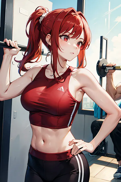 1 woman, medium height,red hair,pony tail, at the gym, in gym clothes