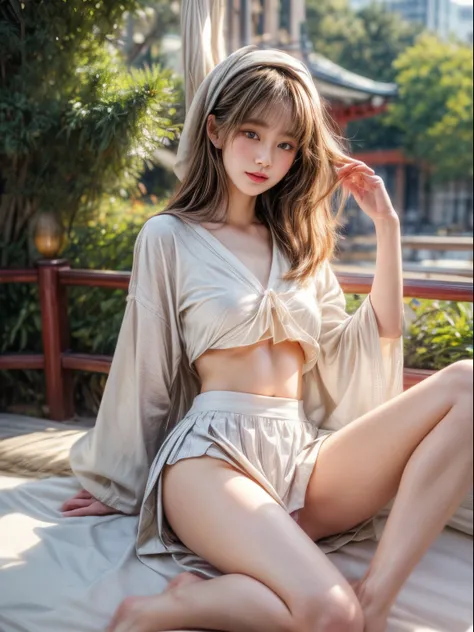 ​masterpiece、8K、32K、top-quality、(A detailed eye)、(A cute Japanese woman、bangss)、23years old、1 girl in、elegent、(Detailed background depiction、portlate:1.2)、(lift up skirt:1.3)、(white  panties:1.1)、 showing off panties、newyork、(Open both legs:1.1)、cowboy  sh...