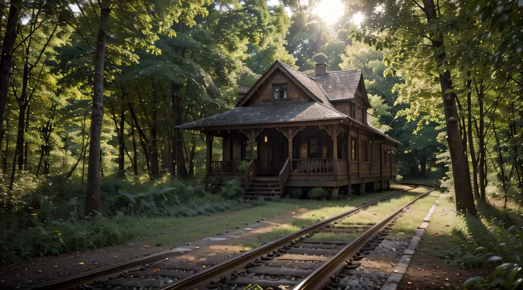 Imagine a mesmerizing scene where a train track gracefully weaves through a lush and enchanting forest, with towering trees creating a captivating canopy. Along the tracks stands a weathered, old house, telling tales of the past. As the sun begins its desc...