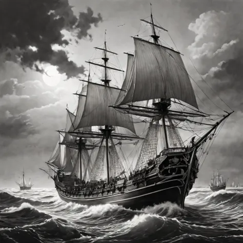 (best quality,4k,8k,highres,masterpiece:1.2), ultra-detailed, realistic:1.37, (pencil drawing)，line art，ancient sailing ships，bl...