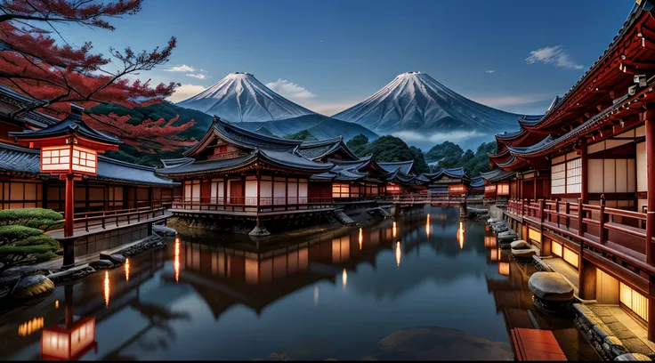 A Japanese style、Red tone、historical buildings、A city scape、hot spring town、traditional、jpn、4K、high-level image quality、a picture、Fantasia、Lots of lanterns、There are few rivers、natta