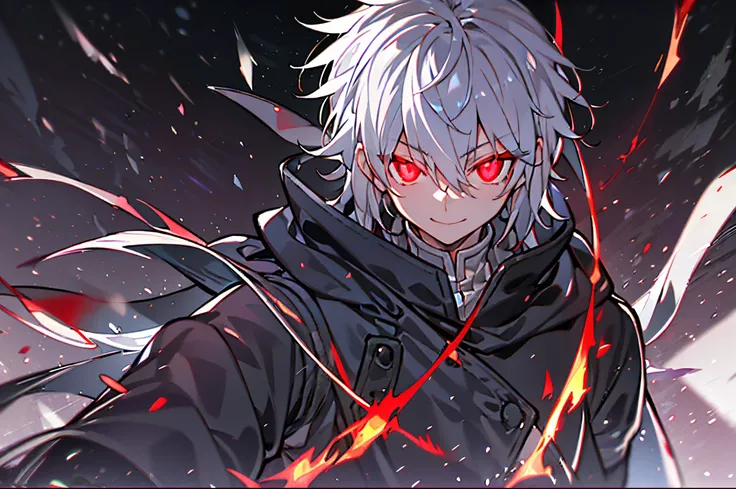 hight resolution,close range、Anime boy with white hair and red eyes staring at camera, Glowing red eyes,slim, dressed in a black outfit,Shadow Body,de pele branca,monochromes,hair messy,Aggressive smile、Diagonal angle、Vortex of flames