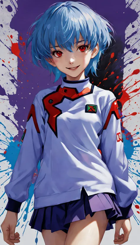 Masterpiece Portrait of Smiling Rei Ayanami (Shin Evangelion), Shin Evangelion (Hideaki), Caustics, high-resolution illustrations, red eyes, Feminine, There are no students, Blue hair,  short detailed hair, Japan School Uniforms, Loafer shoes, spook, synth...