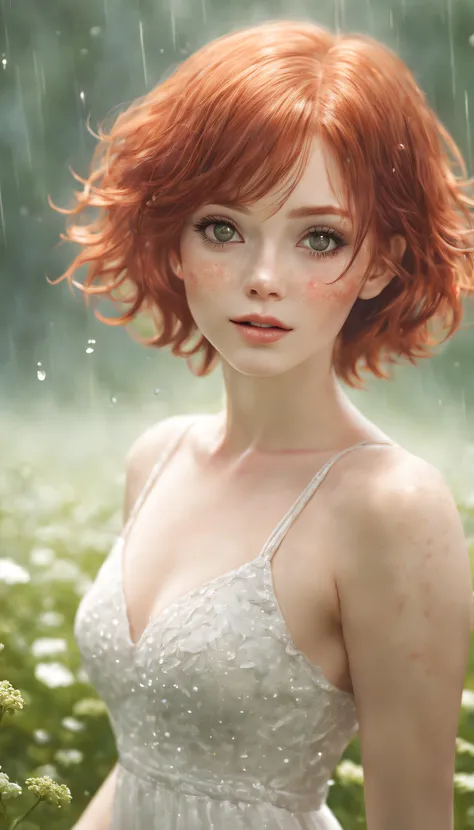 Cute woman under drizzle, (Elegant, pretty  face), Transparent white dress, Forest moss, (freckle:0.8), flower  field, , with curly red hair, magical ambiance, (short detailed hair), ((Delicate skin, skin texture)), ultra - detailed, (intricately details, ...