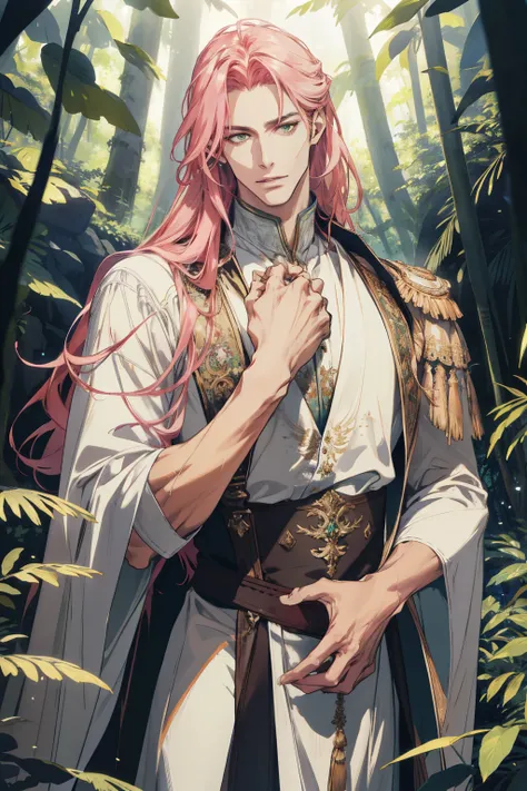 (absurdress, hight resolution, Ultra Detailed), 1 male, Adult, a handsome, tall muscular guy, wide shoulders, Finely detailed eyes and detailed face, pink long hair, Green eyes, white robe, woods, the trees, full of greenery, Fluttering Leaves, pond, Natur...