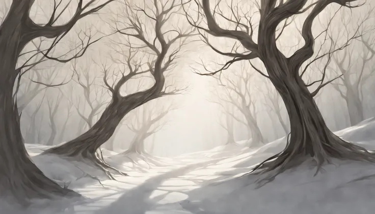 (best quality,4k,8k,highres,masterpiece:1.2),(ultra - detailed)，(realisticlying：1.37).illustratio，(pencil drawing)，at winter season，black andwhite,(ln the forest)，(line art)，organic lines，(crooked branches)，hidden path，(Twisted vines)，(Intertwined tree tru...