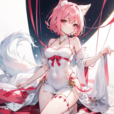 light red short hair，There is a yellow cloth decoration on the head，Breasts are super full，The figure looks petite，Smooth and delicate long legs，Wearing a milky white T-shirt，He wears a silver necklace around his neck，It has pink fox ears，And cute pink and...