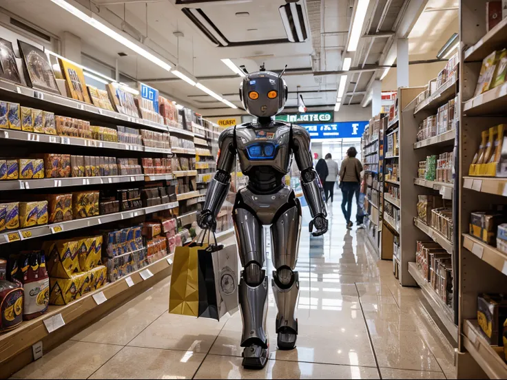 A robot doing shopping in a super shop.