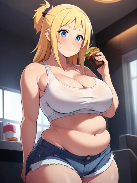 ((highres)), Masterpiece, high quality, best quality, beautiful, perfect lighting, detailed face, ultra cute face, ((1girl)), ((solo)), blonde hair, blue eyes, nervous, ((blush)), white tank top, shorts skindentation, tight clothes, fast food restaurant, m...