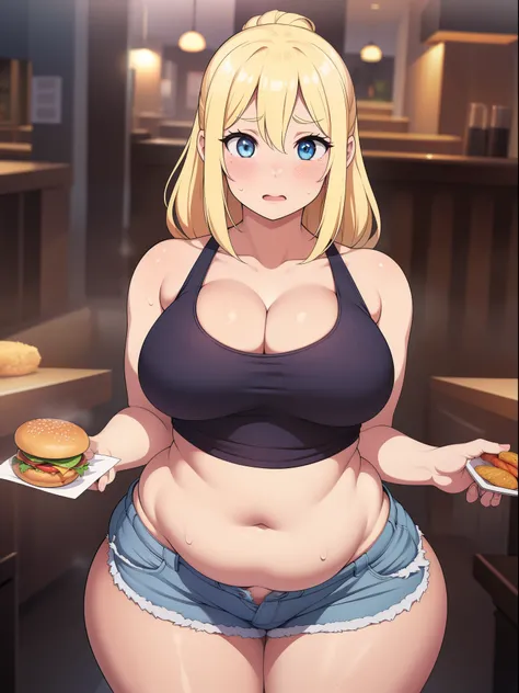 ((highres)), Masterpiece, high quality, best quality, beautiful, perfect lighting, detailed face, ultra cute face, ((1girl)), ((solo)), blonde hair, blue eyes, nervous, ((blush)), white tank top, shorts skindentation, tight clothes, fast food restaurant, m...