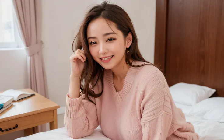 An around 40-year-old woman wearing a pink sweater sitting on the bed with her hands on her head, earing a shirt laughing, gently smiling, warm and gentle smile, cute young woman, Gorgeous young Korean woman, Beautiful young Korean woman, Soft smile, a you...