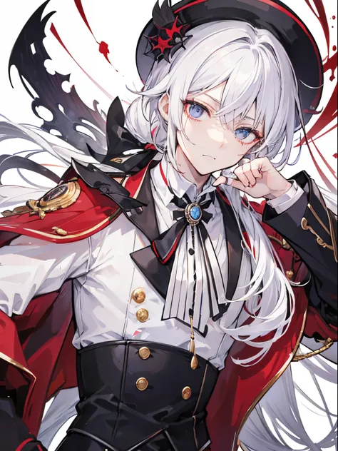 （masutepiece）（high-detail）male in his 20s、white  hair、poneyTail、tailcoat、neck tie、Hats、Has an injury to the arm、Clothes are slightly torn、Somewhat bloody、bandaged、grim facial expression、Decadent atmosphere