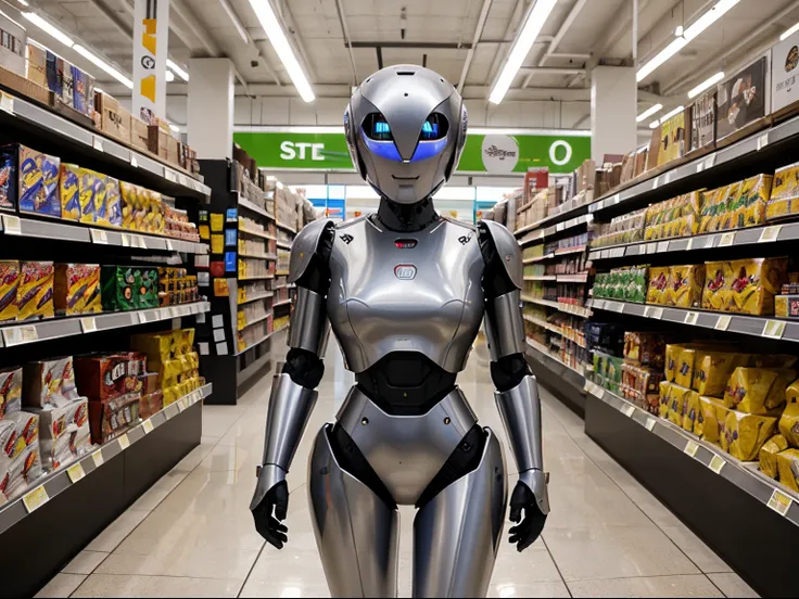 A robot doing shopping in a super shop.