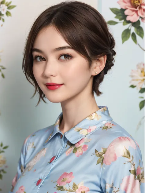 109
(a 20 yo woman,is standing), (A hyper-realistic), (high-level image quality), ((beautiful hairstyle 46)), ((short-hair)), (Gentle smile), (Keep your mouth shut), (lipsticks), (breasted:1.1), Floral clothing