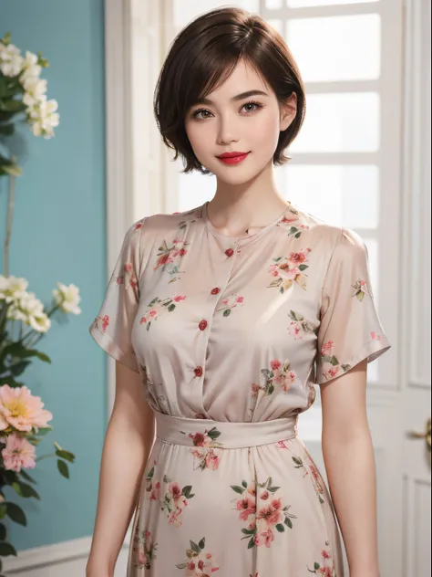 109
(a 20 yo woman,is standing), (A hyper-realistic), (high-level image quality), ((beautiful hairstyle 46)), ((short-hair)), (Gentle smile), (Keep your mouth shut), (lipsticks), (breasted:1.1), Floral clothing