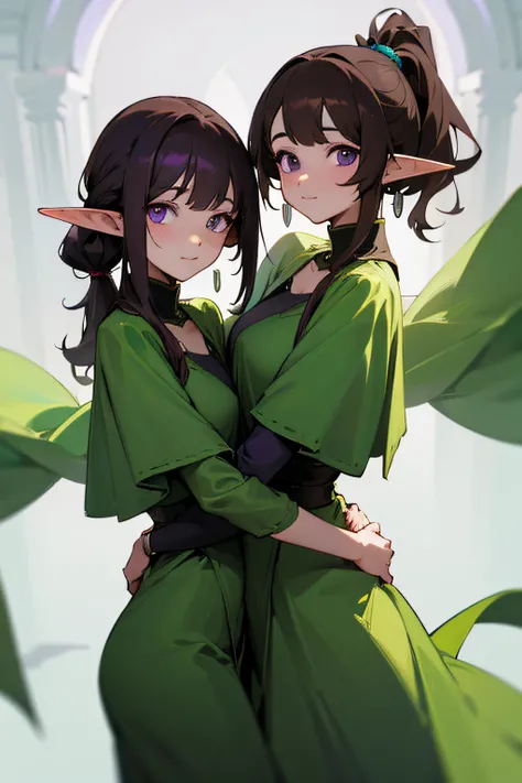 2girls, elf, identical twins, long dark brown hair, side ponytail, purple eyes, wearing plain green dress, simple silver jewelry,, palace, absurdres, high res, ultrasharp, 8K, masterpiece, looking at viewer