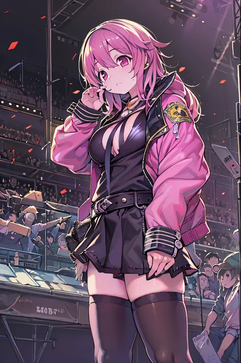 masutepiece, Best Quality, 1girl in, The upper part of the body, Jiro, Detailed eyes, PINK SHIRT, Black jacket, Torn clothes, concert, (stage)