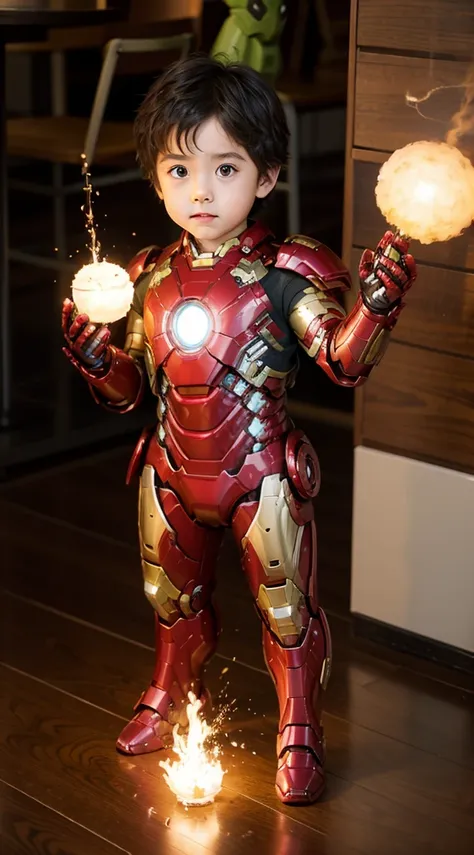 Iron Man，6 year old cute little boy，Hulk armor，电影灯光，