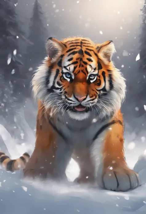 Cute little tiger，Fluffy，chubby，Round rolling，fatness，Vivid expressions，Play in the snow，Bite your own tail，Vivid expressions，Natural soft light，Soft focus filter，ultraclear，hyper-detailing，8K，photore，3 Rendering，bulging face，Round body