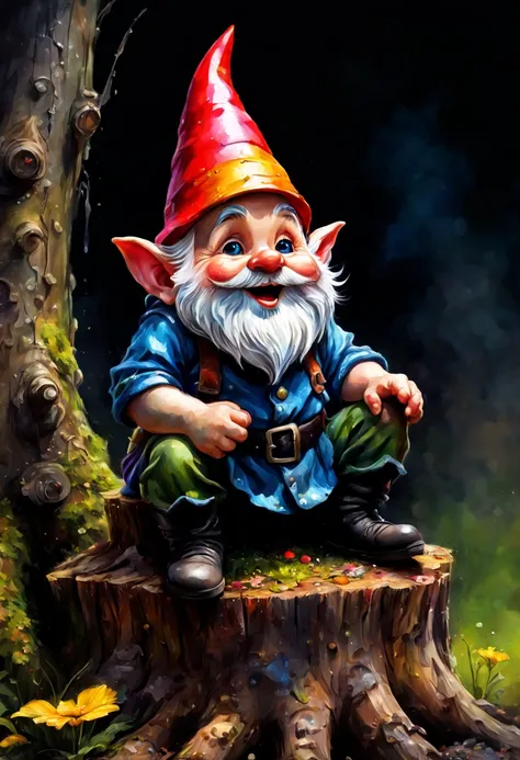 Close-up, hyper-realistic cheerful gnome sitting on a stump, bright spring charm, bright splashes, perfect big eyes, rim lighting, magic fantasy digital art, color brightness. black background,
Style by Gabriele Dellotto, AI Midjourney, bright saturated co...