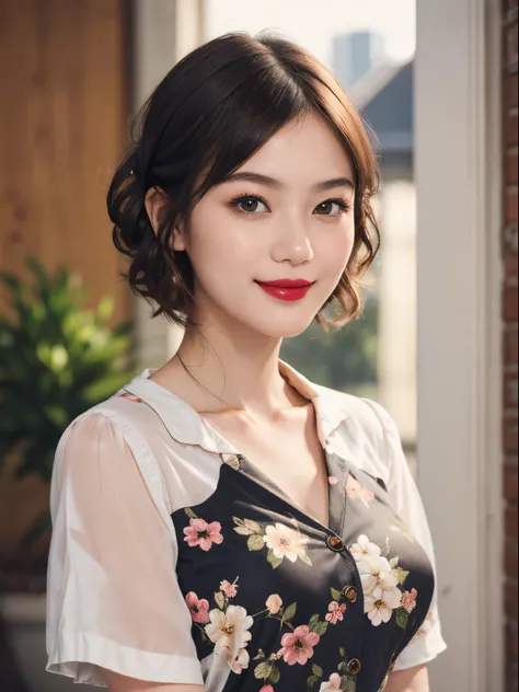 109
(a 20 yo woman,is standing), (A hyper-realistic), (high-level image quality), ((beautiful hairstyle 46)), ((short-hair)), (Gentle smile), (Keep your mouth shut), (lipsticks), (breasted:1.1), Floral clothing