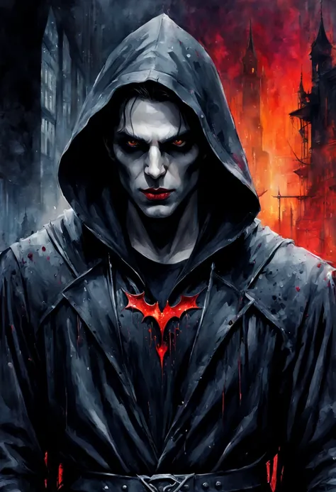 close-up of a hooded vampire on a picturesque dystopian background, intricate and elegant, centered digital painting with high detail,  watercolor, black background,
Style by Gabriele Dellotto, AI Midjourney, bright saturated colors, watercolor, oil paints...