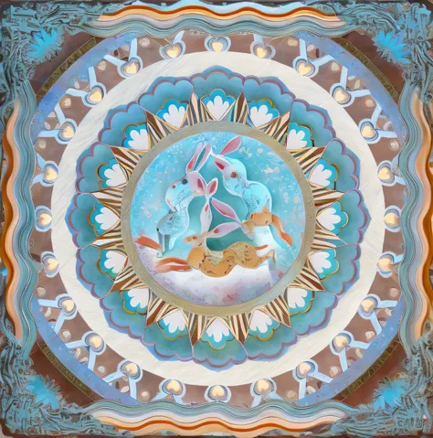 Three rabbits share ears, Dunhuang art style, a rabbit dancing，A rabbit plays the pipa，A rabbit plays the flute，Flying，Fairy Rabbit， classical，Dunhuang color，White rabbit hair，Exquisite streamers，Flying above the nebula，Beautiful patterns，