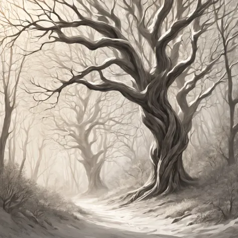 (best quality,4k,8k,highres,masterpiece:1.2),(ultra - detailed)，(realisticlying：1.37).illustratio，(pencil drawing)，at winter season，black andwhite,(ln the forest)，(line art)，organic lines，(crooked branches)，hidden path，(Twisted vines)，(Intertwined tree tru...