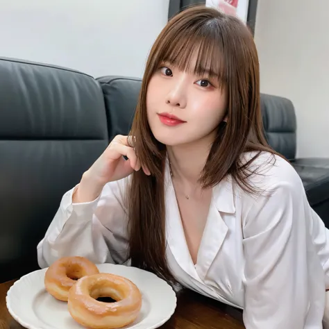 there is a woman sitting in a chair with a donut in her hand, south east asian with round face, with round face, with round cheeks, with professional makeup, 2 7 years old, 2 9 years old, full round face, 2 8 years old, bbwchan, 8k selfie photograph, round...